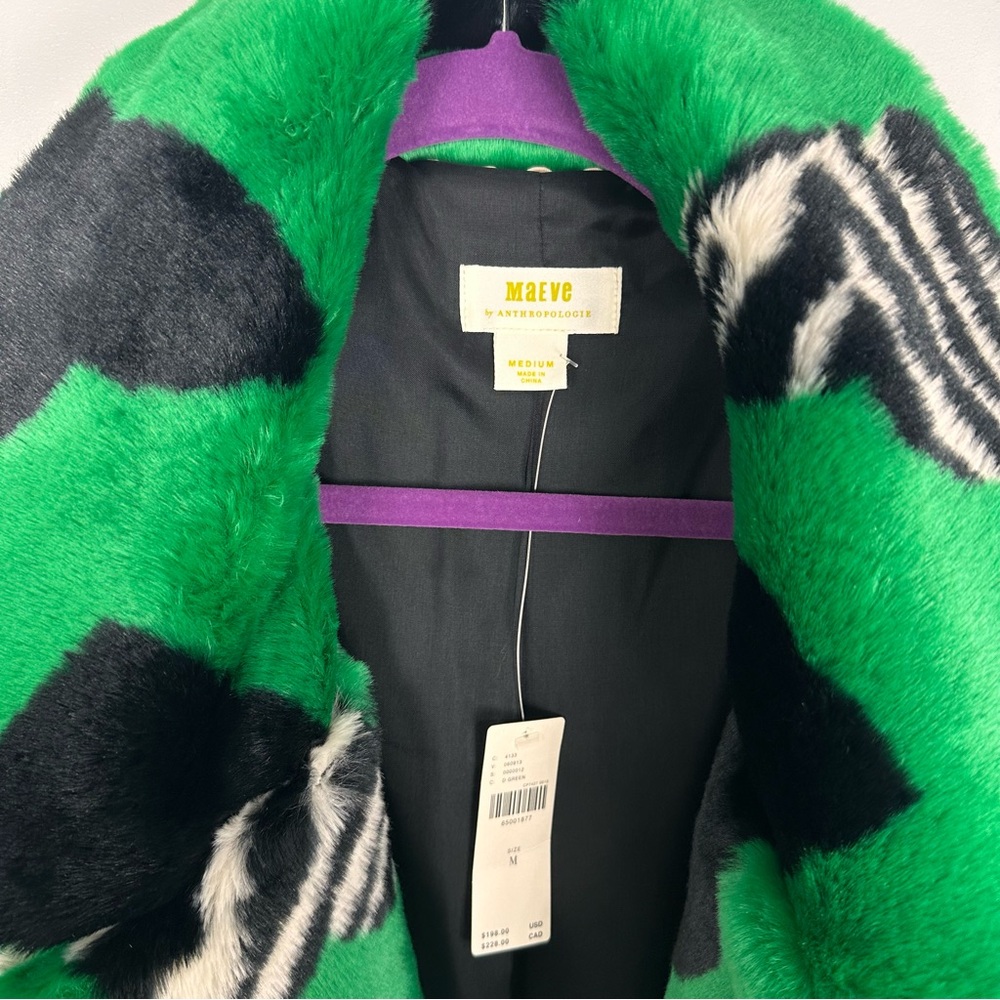 Maeve by Anthropologie Faux Fur Coat Green Black Multi Hearts Sz Medium NWT - Picture 4 of 16